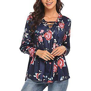 Blue Time Lace Up Floral Top Shirt Blue Size L NWT